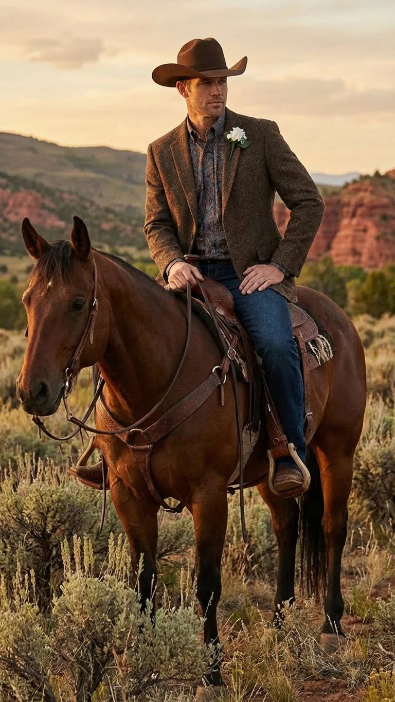 Men’s Brown Western Tweed Herringbone Blazer Jacket – Classic Cowboy Style Sport Coat for Wedding Party - Image 8
