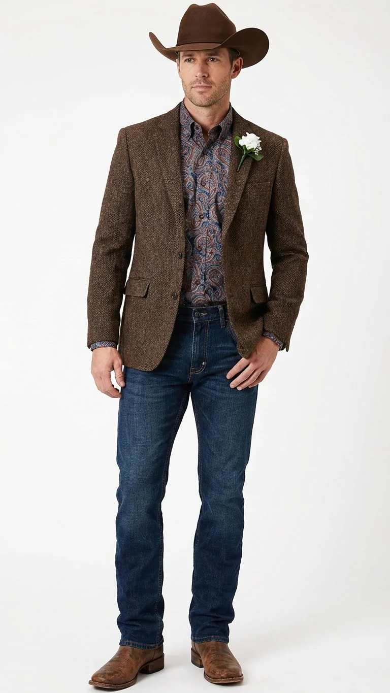 Men’s Brown Western Tweed Herringbone Blazer Jacket – Classic Cowboy Style Sport Coat for Wedding Party - Image 9