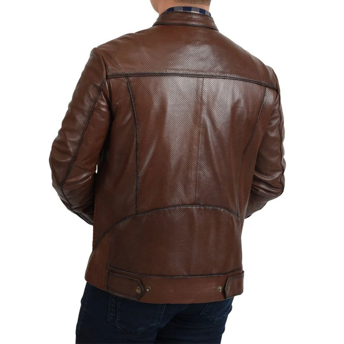 Men’s Brown Woven Cowhide & Sheepskin Leather Denim Jacket - Image 2