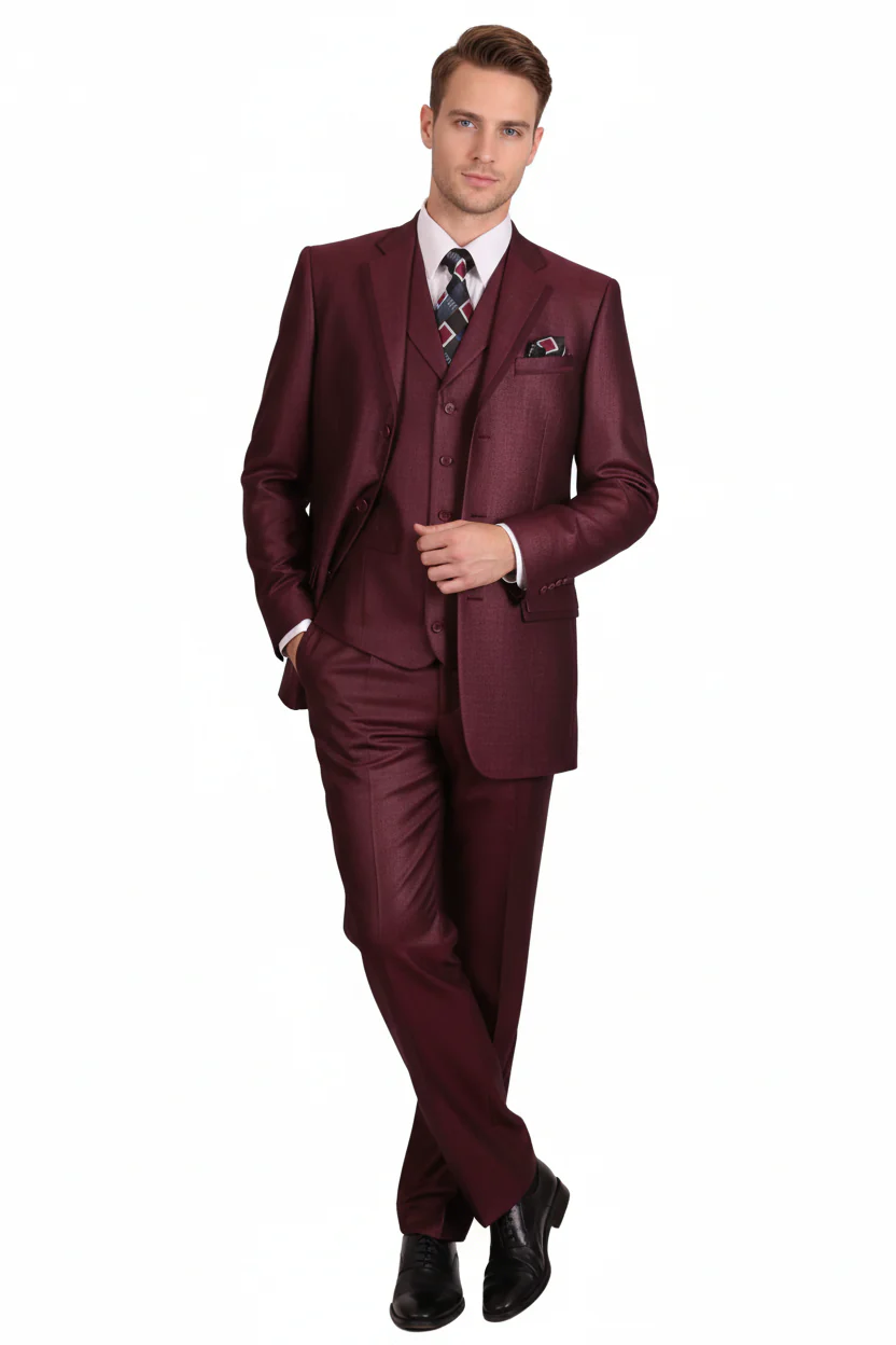 Men’s Burgundy 3-Piece Suit – Burgundy Three Buttons Vested Suit - Pleated Pants Classic Fit Athletic Cut - Image 2