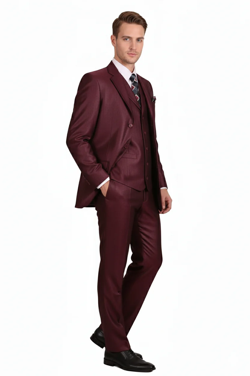 Men’s Burgundy 3-Piece Suit – Burgundy Three Buttons Vested Suit - Pleated Pants Classic Fit Athletic Cut - Image 5