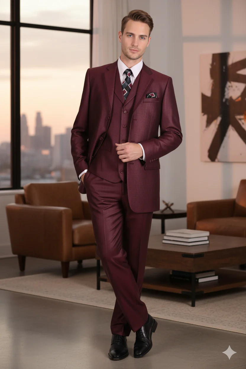 Men’s Burgundy 3-Piece Suit – Burgundy Three Buttons Vested Suit - Pleated Pants Classic Fit Athletic Cut - Image 6