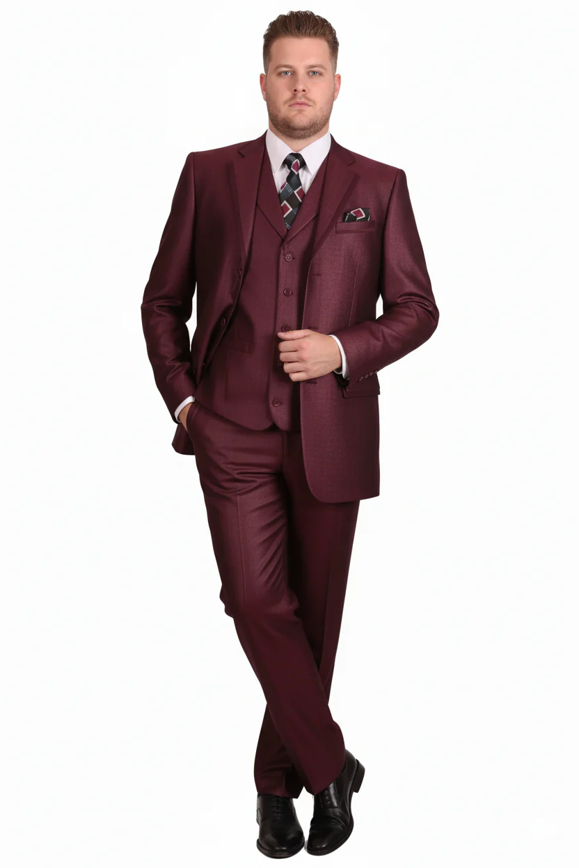 Men’s Burgundy 3-Piece Suit – Burgundy Three Buttons Vested Suit - Pleated Pants Classic Fit Athletic Cut - Image 5