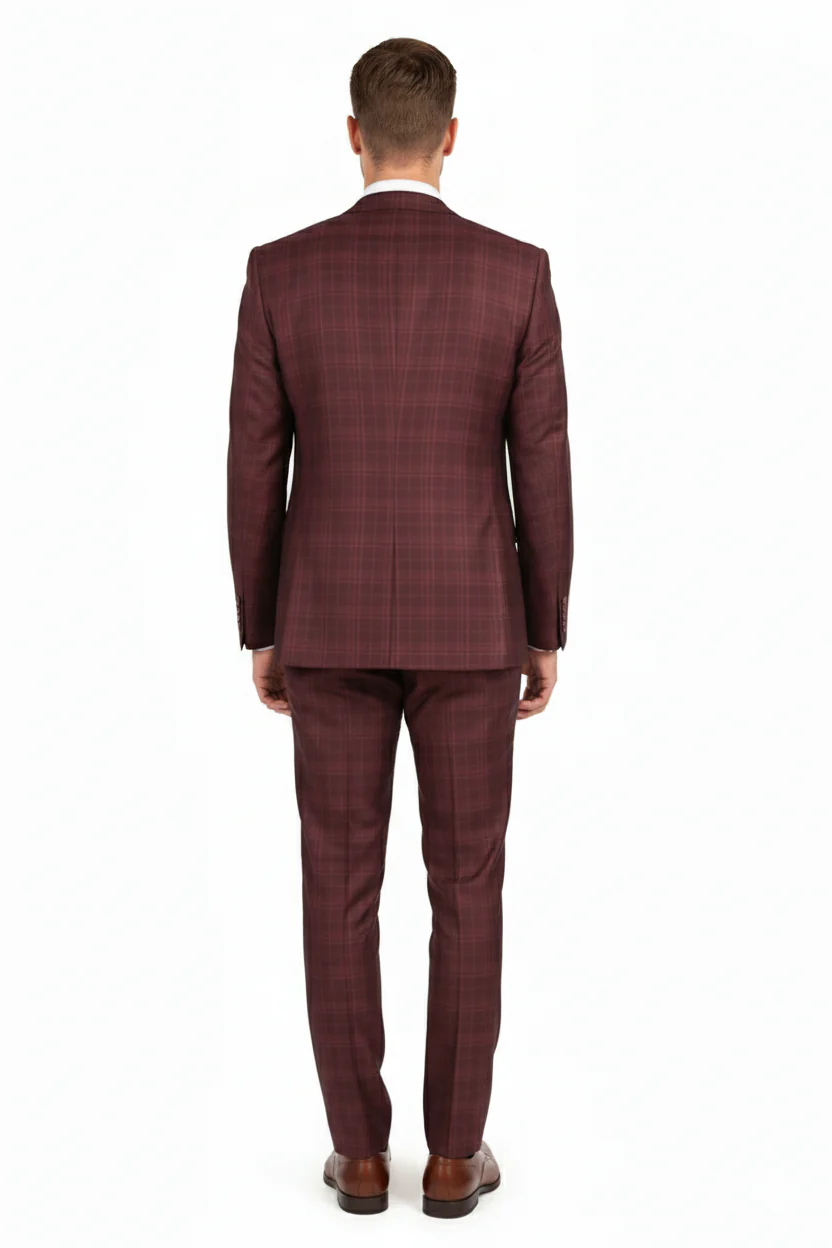 Men’s Burgundy Checkered 3-Piece Suit – Windowpane Classic Fit Plaid Blazer with Vest and Pants - Image 2