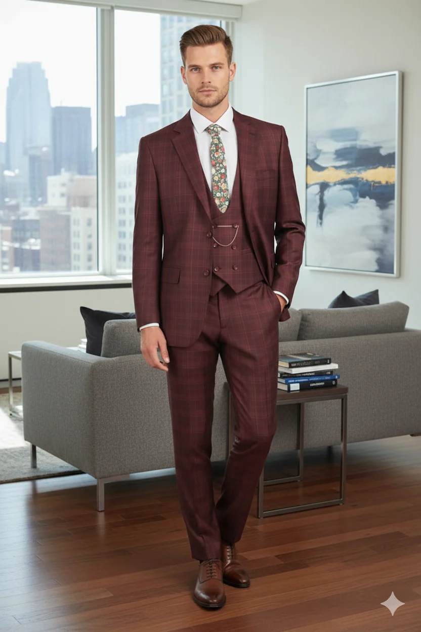 Men’s Burgundy Checkered 3-Piece Suit – Windowpane Classic Fit Plaid Blazer with Vest and Pants - Image 6