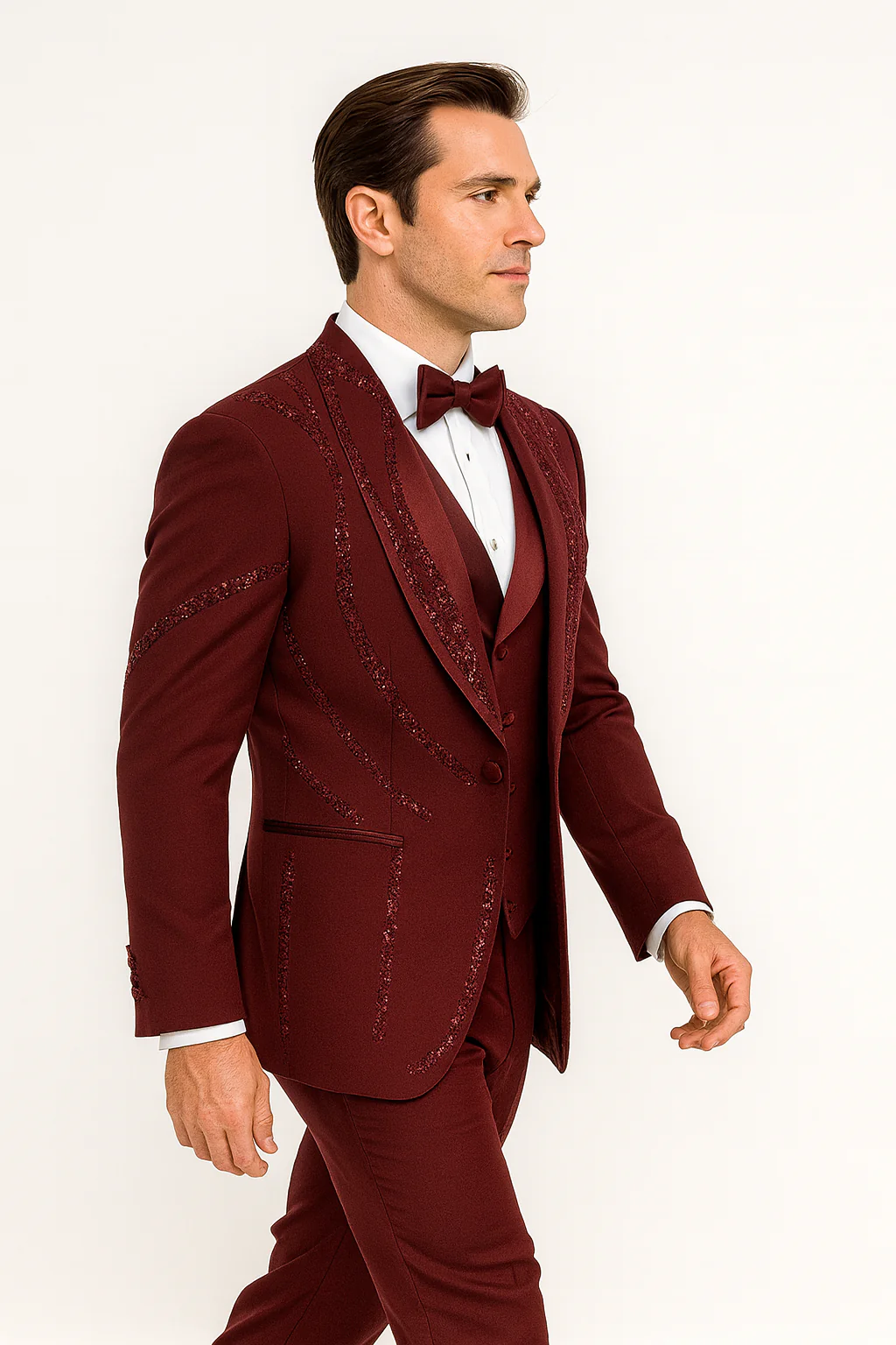 Men’s Burgundy Italian Wool 3-Piece Modern Formal Tuxedo - Image 2