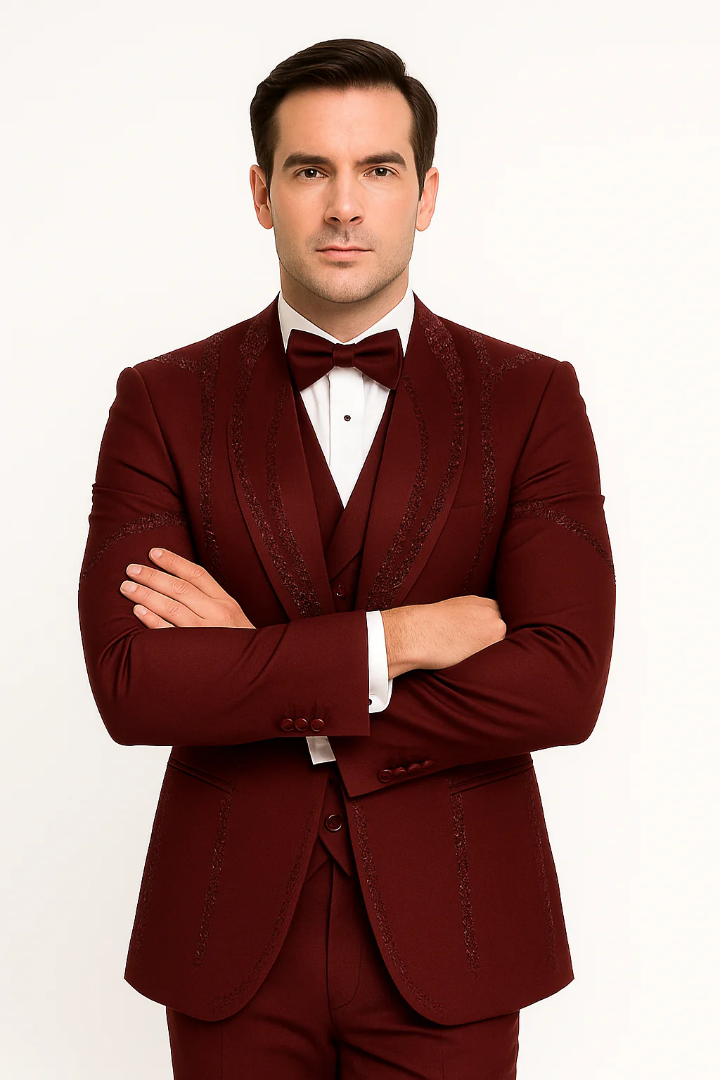 Men’s Burgundy Italian Wool 3-Piece Modern Formal Tuxedo - Image 3