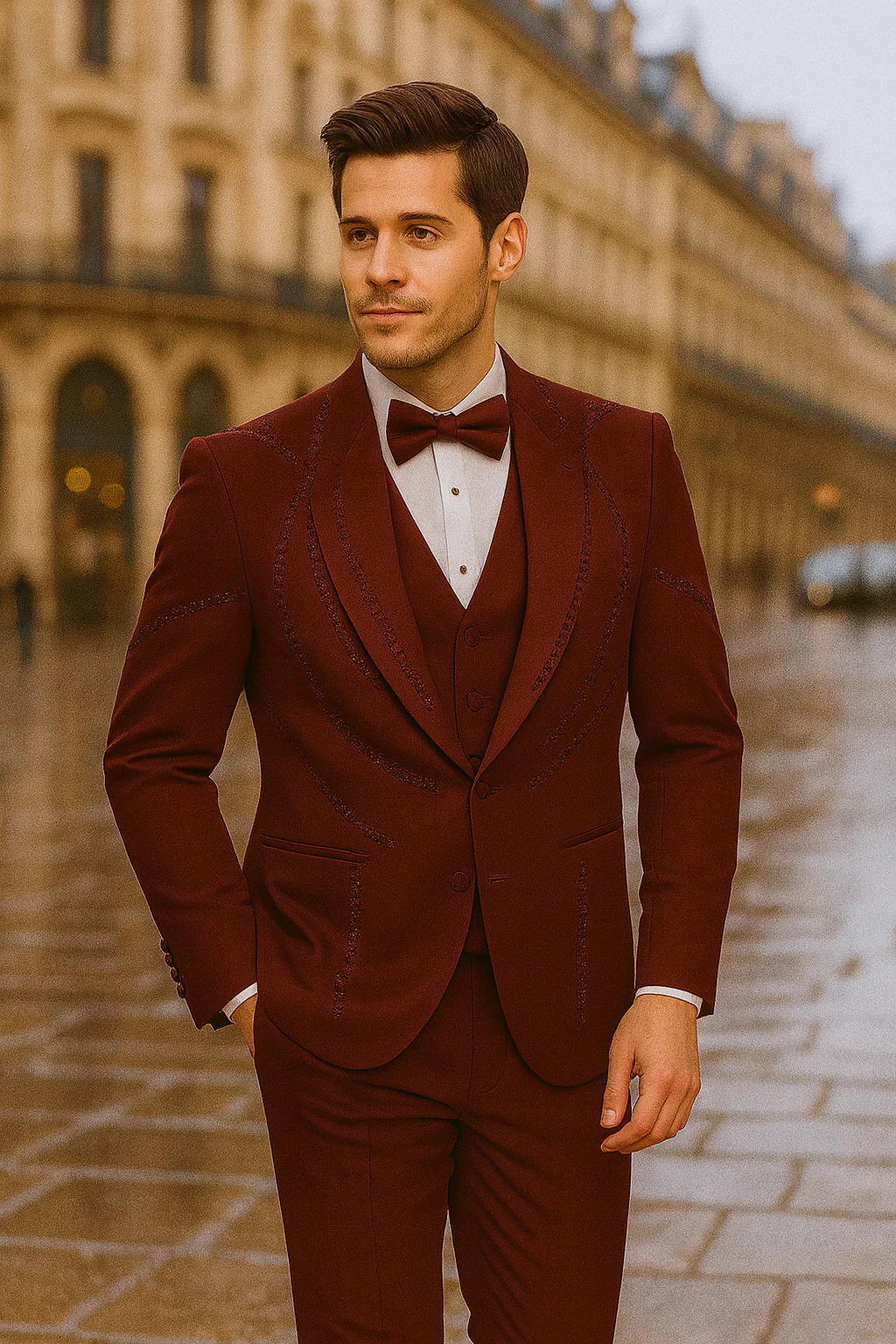 Men’s Burgundy Italian Wool 3-Piece Modern Formal Tuxedo - Image 4