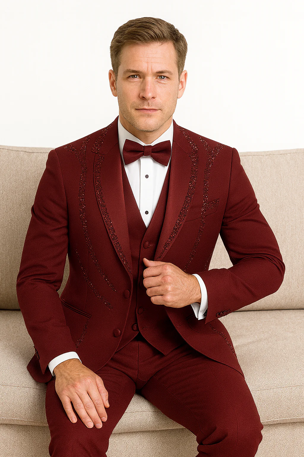 Men’s Burgundy Italian Wool 3-Piece Modern Formal Tuxedo - Image 6
