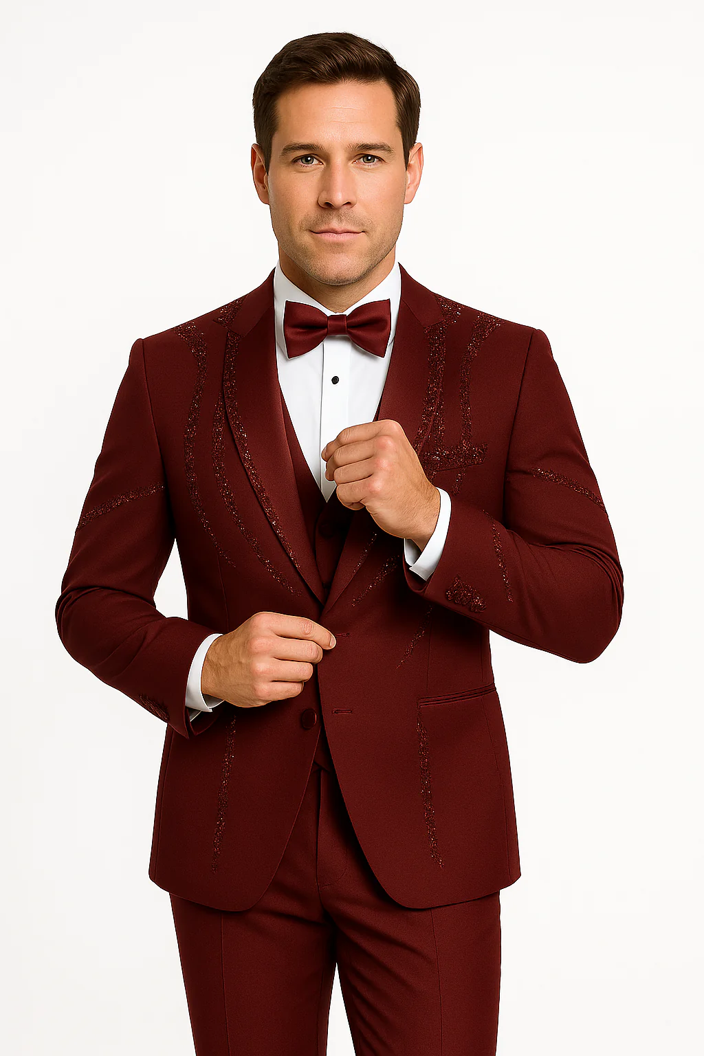 Men’s Burgundy Italian Wool 3-Piece Modern Formal Tuxedo - Image 7