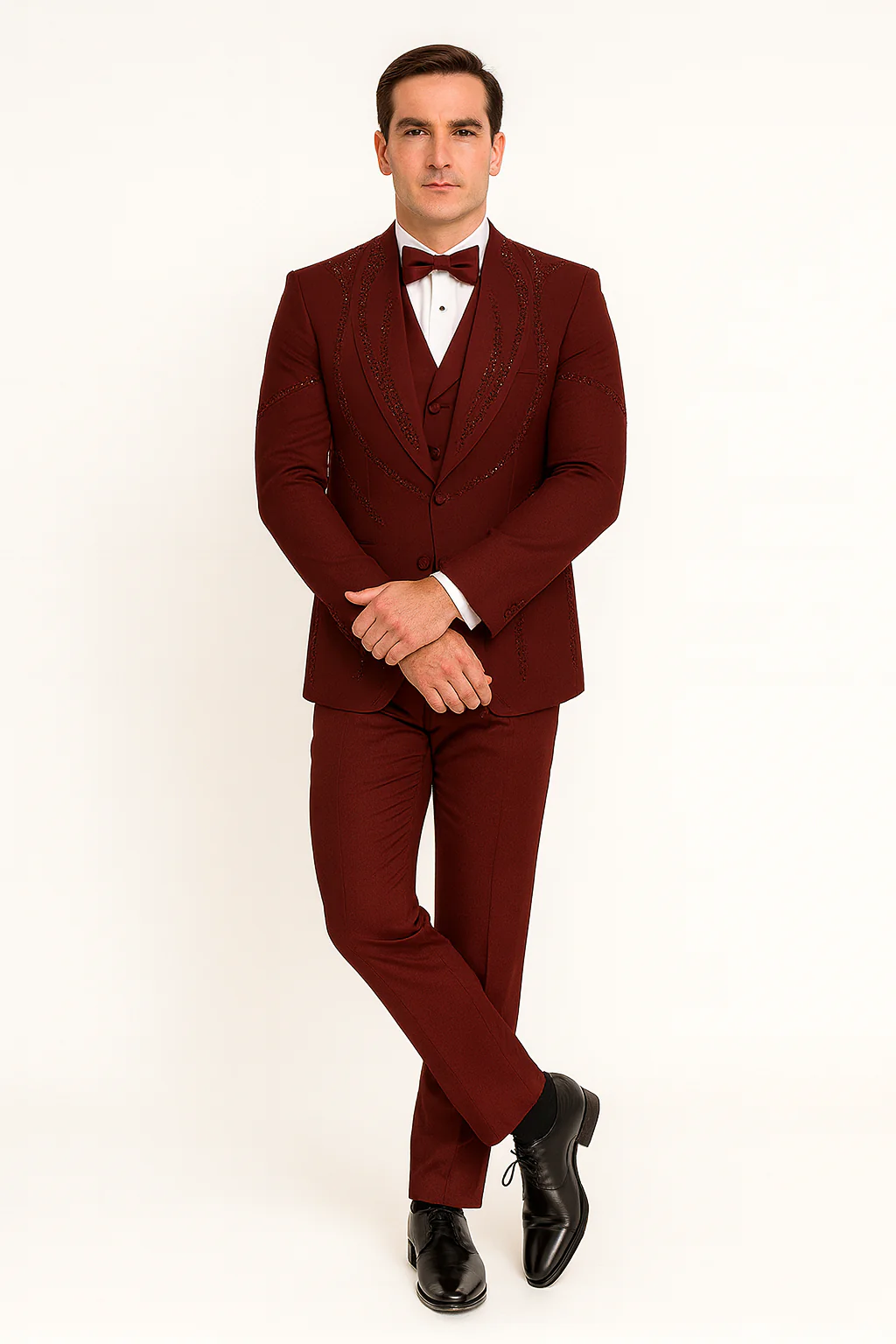 Men’s Burgundy Italian Wool 3-Piece Modern Formal Tuxedo - Image 8
