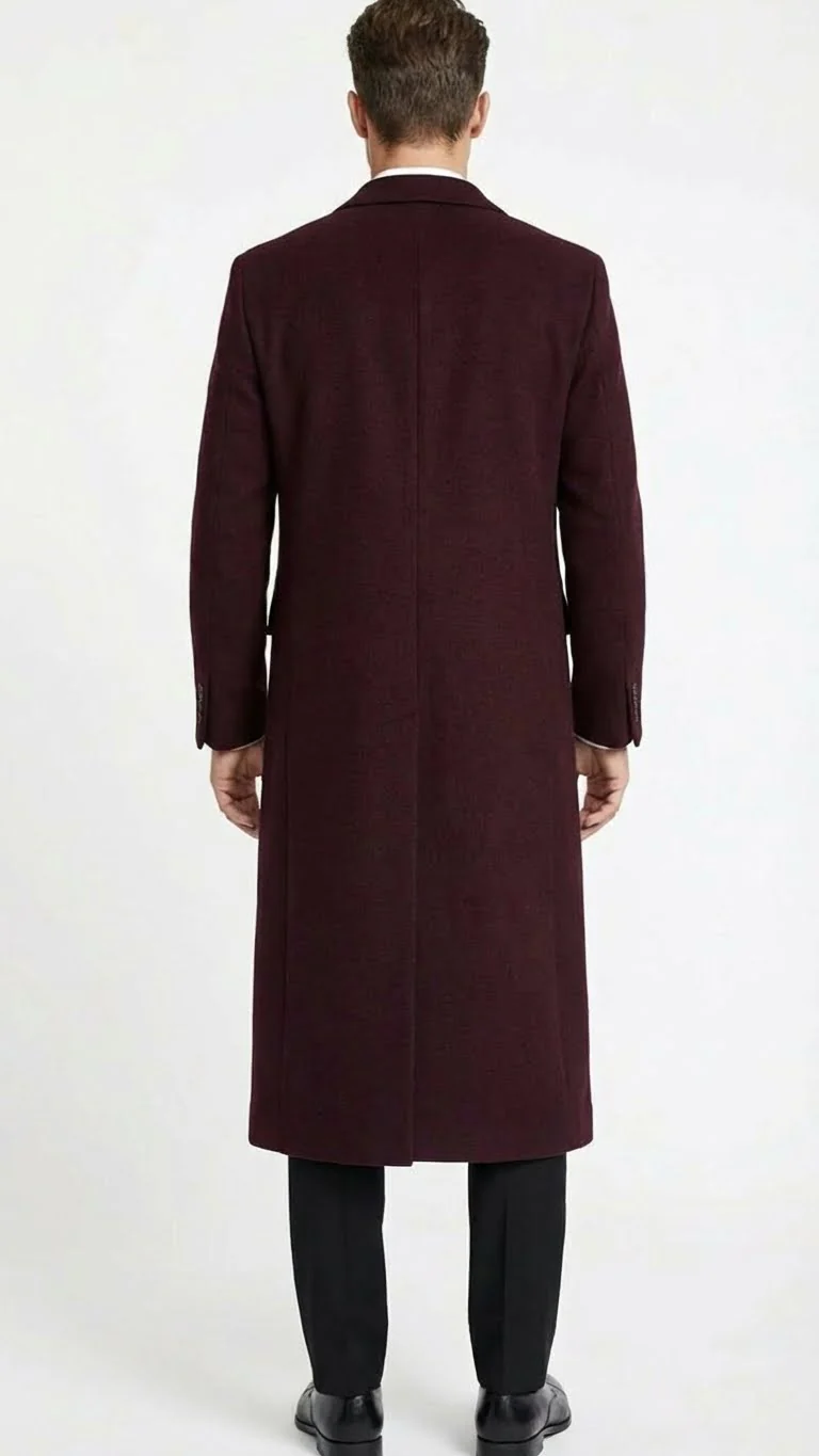 Men’s Burgundy Long Coat – Classic Fit Wool Blend Overcoat - Topcoat Full length - Image 10
