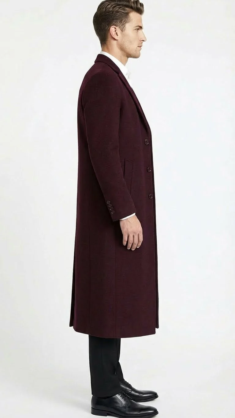 Men’s Burgundy Long Coat – Classic Fit Wool Blend Overcoat - Topcoat Full length - Image 9