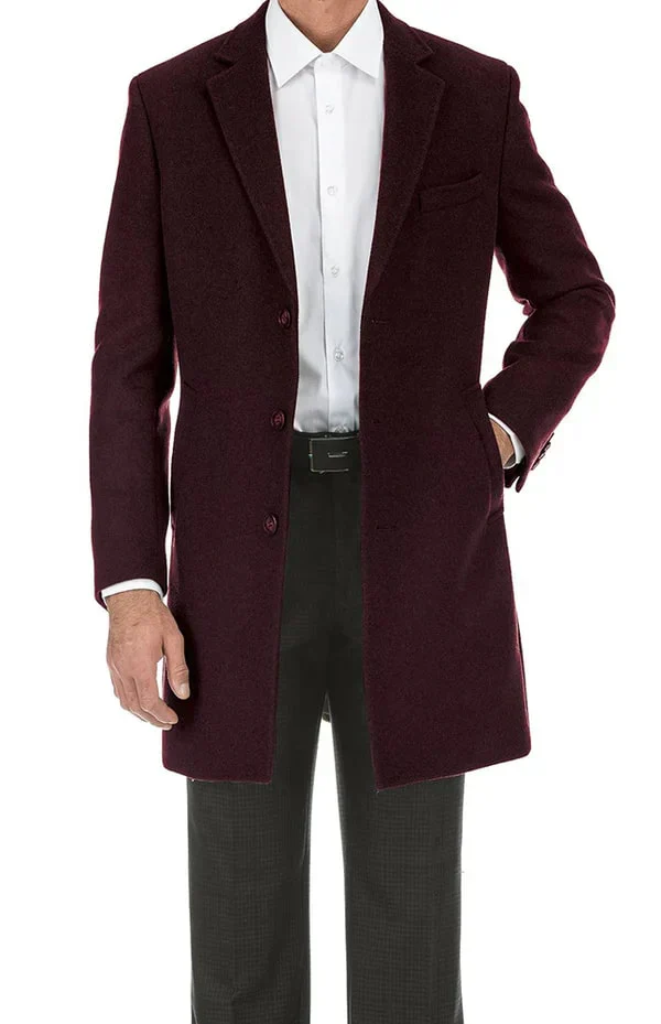 Men’s Burgundy Mid-Length Overcoat – Classic Fit Wool Blend Dress Coat Three Quarter Carcoat Topcoat - Image 11