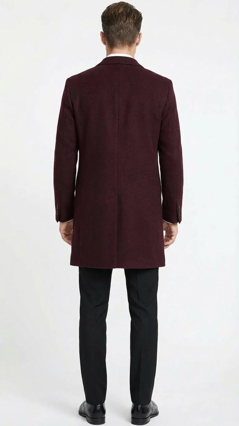 Men’s Burgundy Mid-Length Overcoat – Classic Fit Wool Blend Dress Coat Three Quarter Carcoat Topcoat - Image 2
