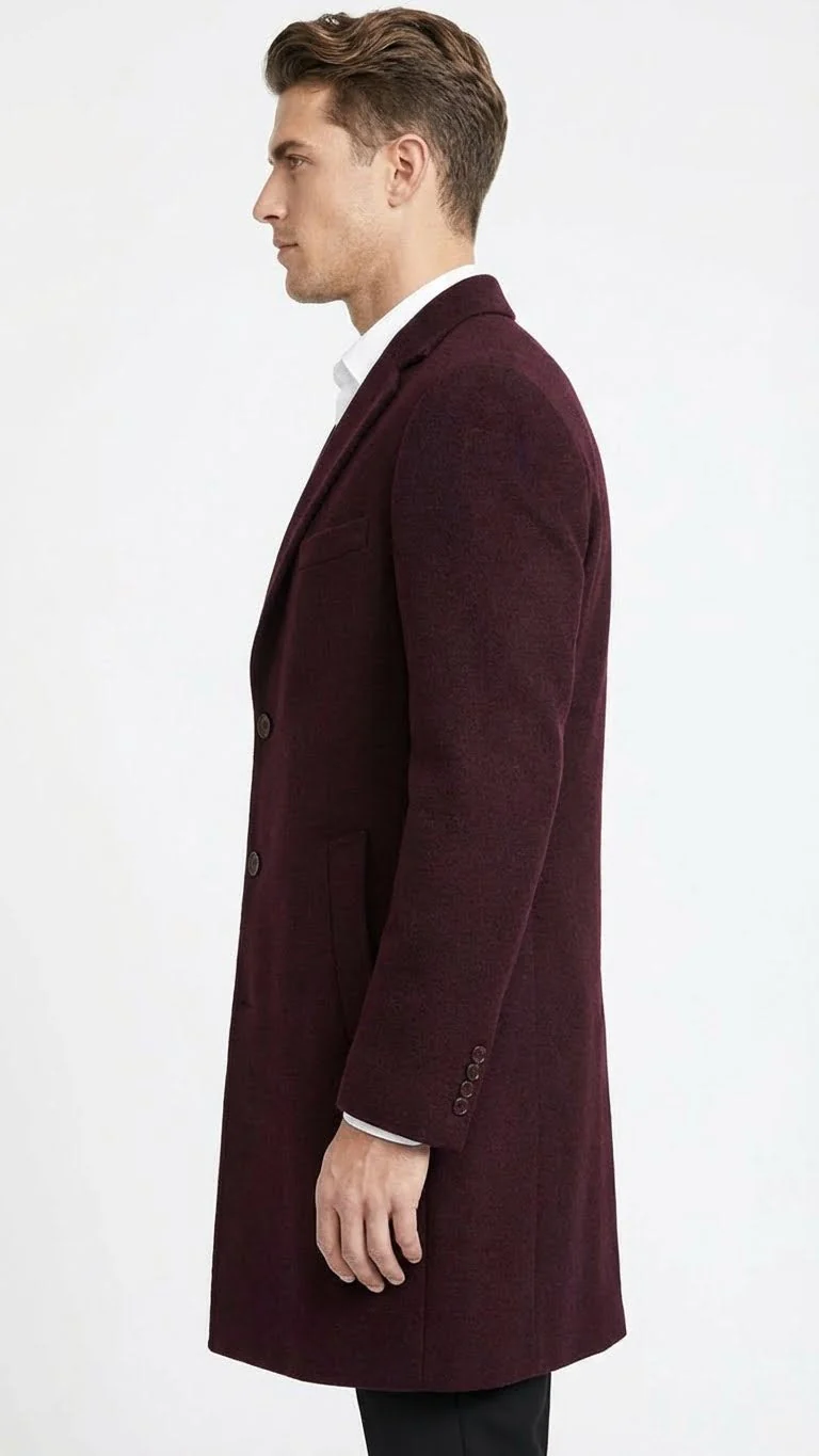 Men’s Burgundy Mid-Length Overcoat – Classic Fit Wool Blend Dress Coat Three Quarter Carcoat Topcoat - Image 3