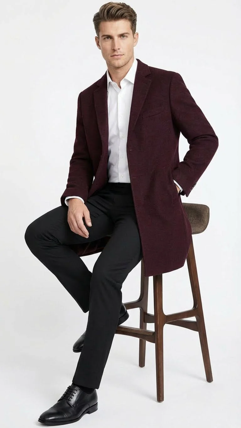 Men’s Burgundy Mid-Length Overcoat – Classic Fit Wool Blend Dress Coat Three Quarter Carcoat Topcoat - Image 4