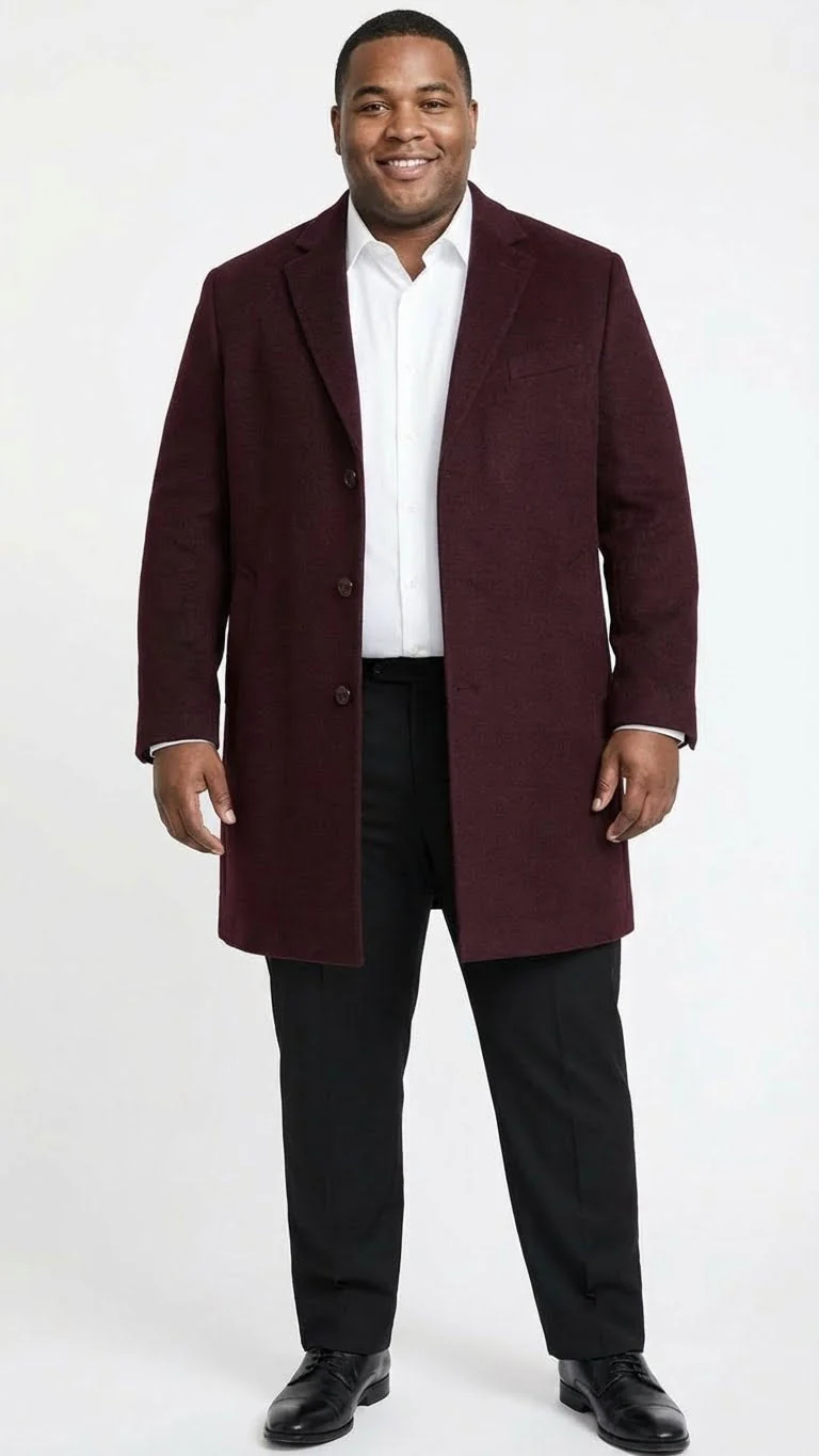Men’s Burgundy Mid-Length Overcoat – Classic Fit Wool Blend Dress Coat Three Quarter Carcoat Topcoat - Image 5