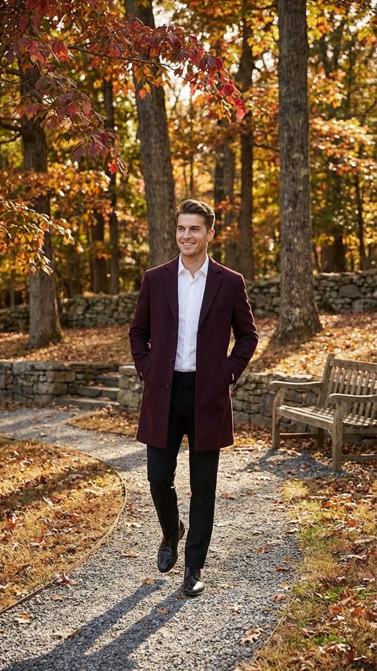 Men’s Burgundy Mid-Length Overcoat – Classic Fit Wool Blend Dress Coat Three Quarter Carcoat Topcoat - Image 6