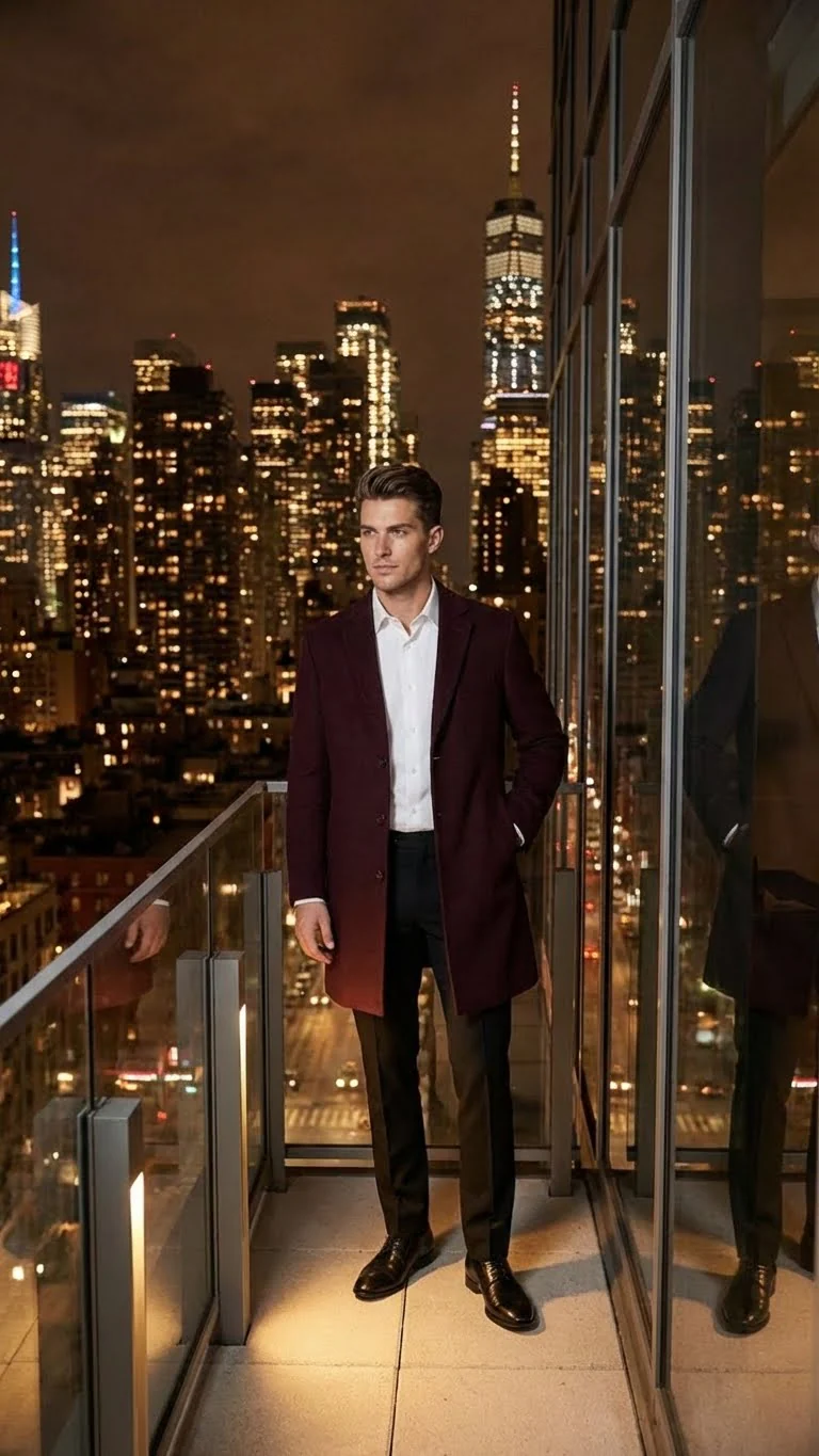 Men’s Burgundy Mid-Length Overcoat – Classic Fit Wool Blend Dress Coat Three Quarter Carcoat Topcoat - Image 7