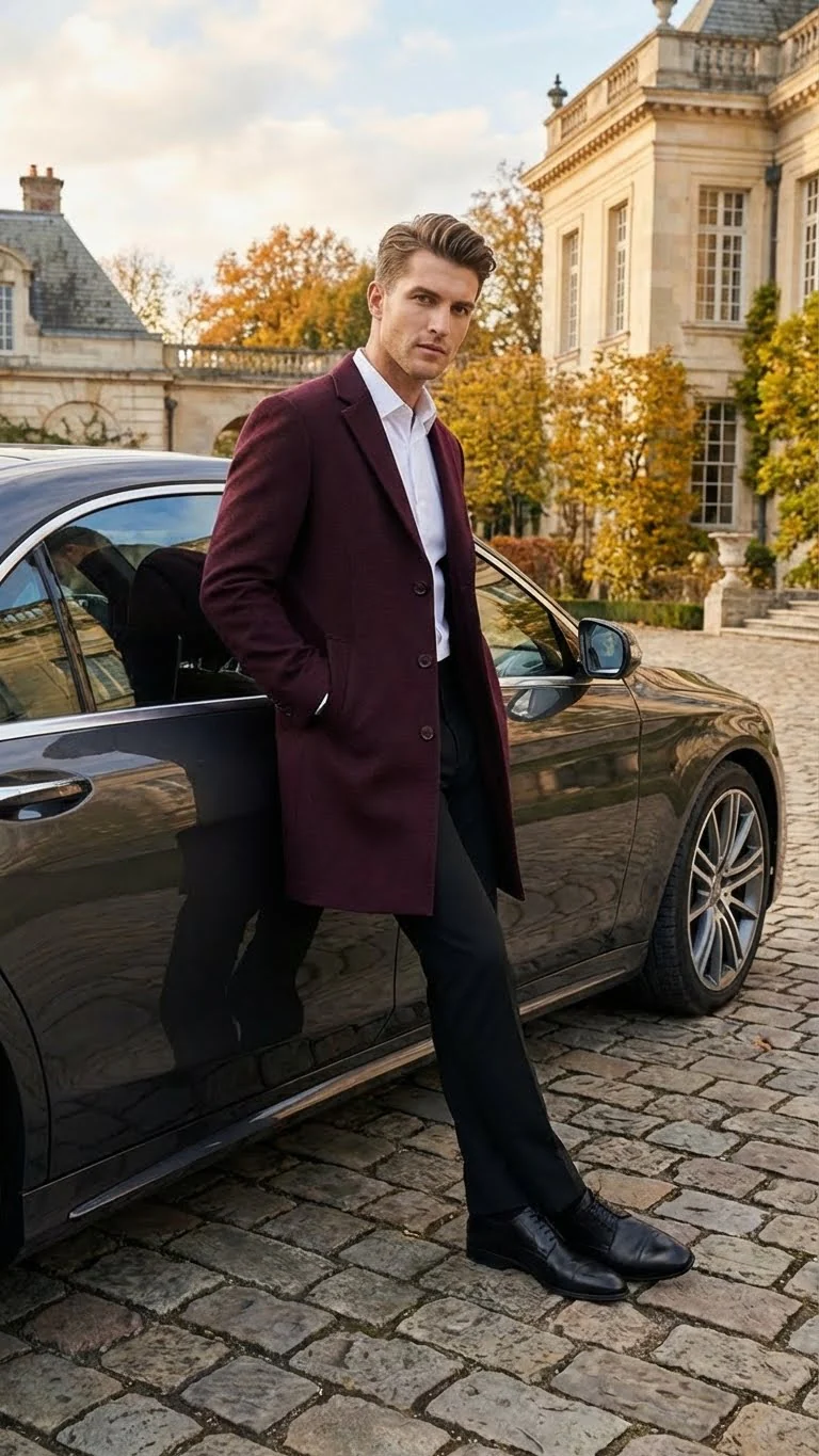 Men’s Burgundy Mid-Length Overcoat – Classic Fit Wool Blend Dress Coat Three Quarter Carcoat Topcoat - Image 8