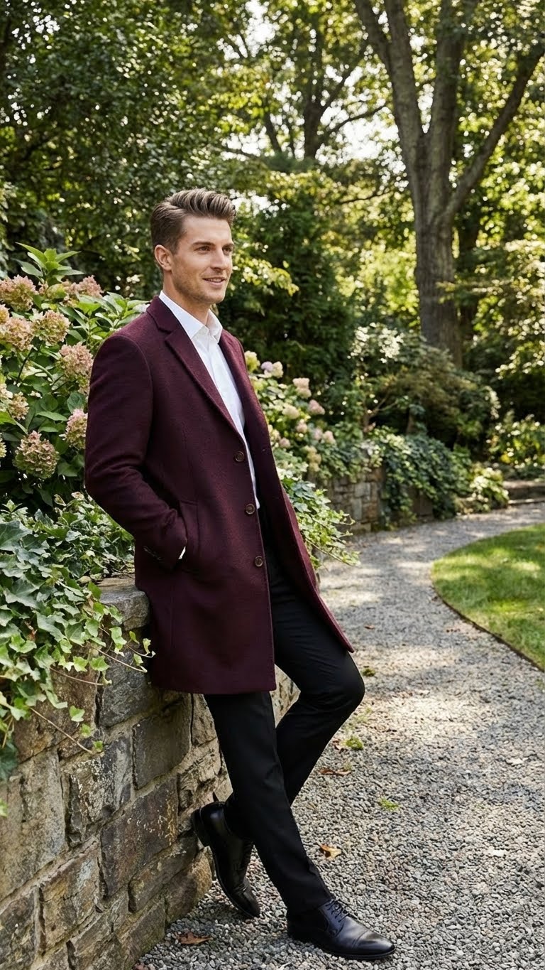Men’s Burgundy Mid-Length Overcoat – Classic Fit Wool Blend Dress Coat Three Quarter Carcoat Topcoat - Image 9