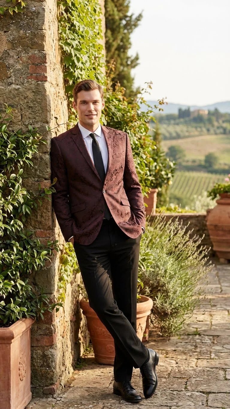 Men’s Burgundy Paisley Blazer Sport Coat – Velvet Dinner Jacket floral in Maroon Wine Color Ultra Slim Fit Smoking Jacket - Image 10