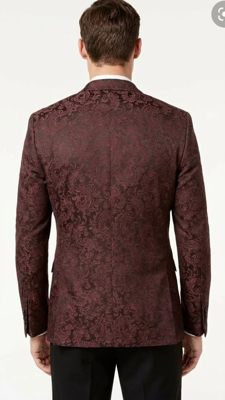 Men’s Burgundy Paisley Blazer Sport Coat – Velvet Dinner Jacket floral in Maroon Wine Color Ultra Slim Fit Smoking Jacket - Image 12