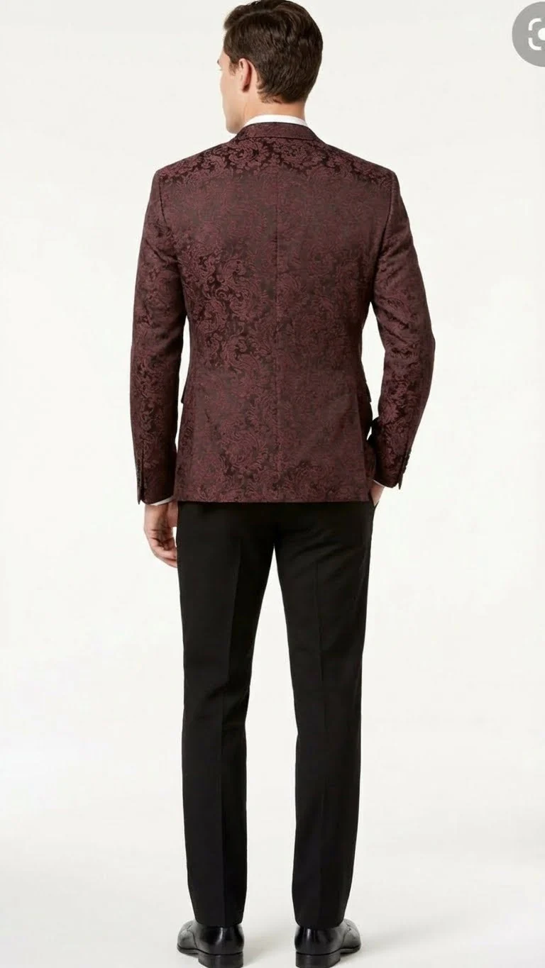 Men’s Burgundy Paisley Blazer Sport Coat – Velvet Dinner Jacket floral in Maroon Wine Color Ultra Slim Fit Smoking Jacket - Image 2