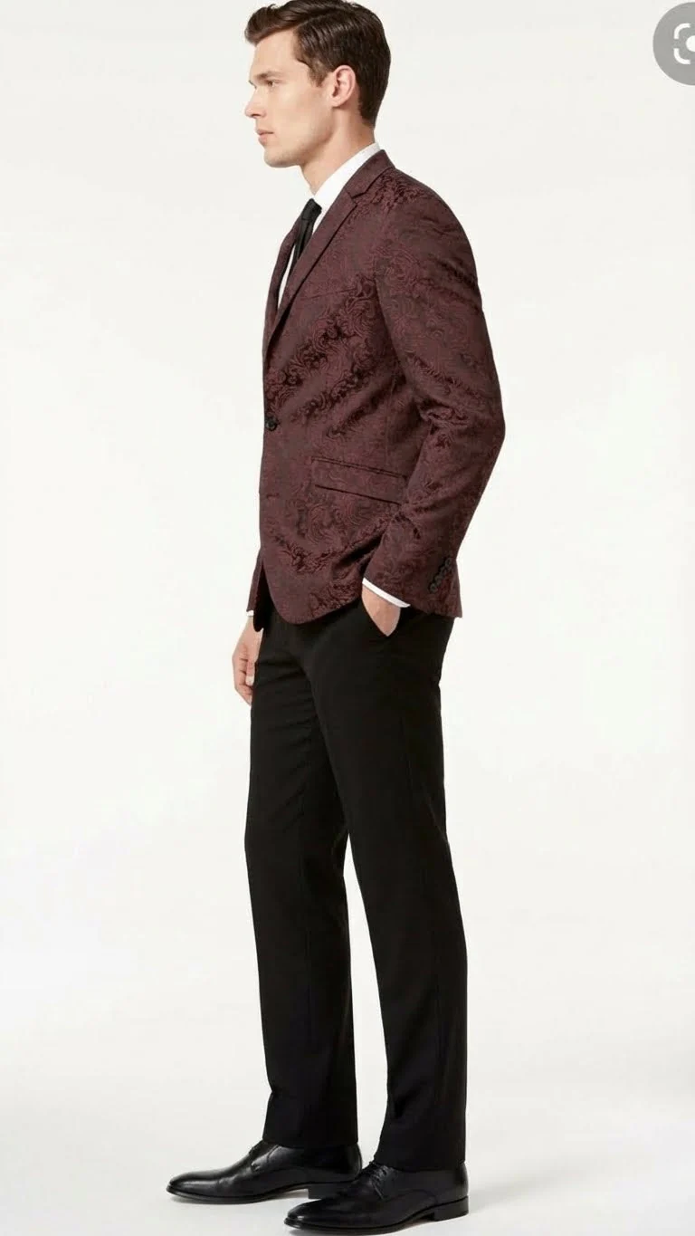 Men’s Burgundy Paisley Blazer Sport Coat – Velvet Dinner Jacket floral in Maroon Wine Color Ultra Slim Fit Smoking Jacket - Image 3