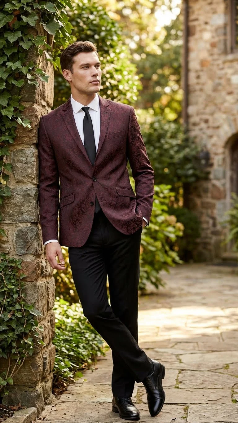 Men’s Burgundy Paisley Blazer Sport Coat – Velvet Dinner Jacket floral in Maroon Wine Color Ultra Slim Fit Smoking Jacket - Image 5