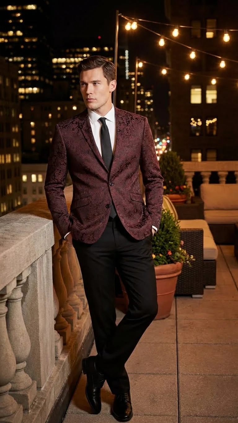 Men’s Burgundy Paisley Blazer Sport Coat – Velvet Dinner Jacket floral in Maroon Wine Color Ultra Slim Fit Smoking Jacket - Image 7