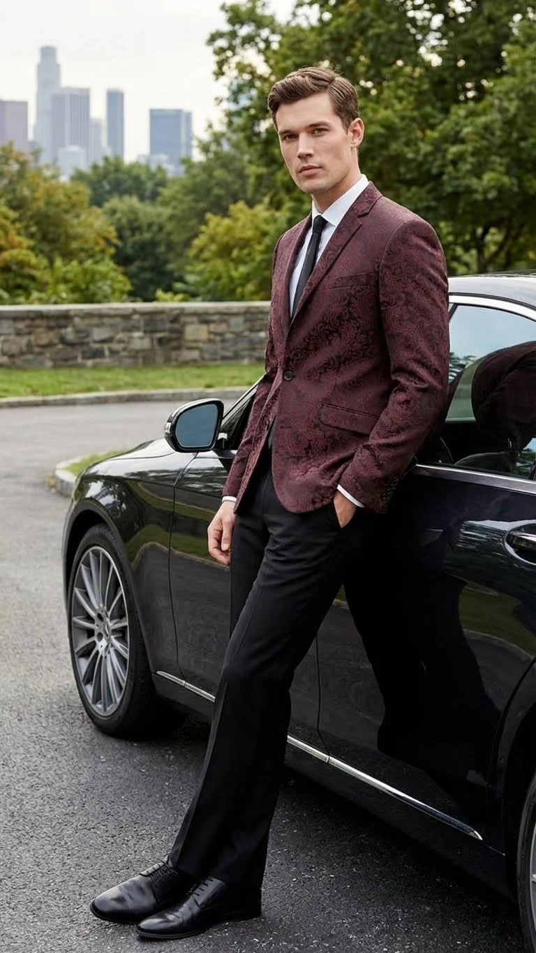 Men’s Burgundy Paisley Blazer Sport Coat – Velvet Dinner Jacket floral in Maroon Wine Color Ultra Slim Fit Smoking Jacket - Image 8
