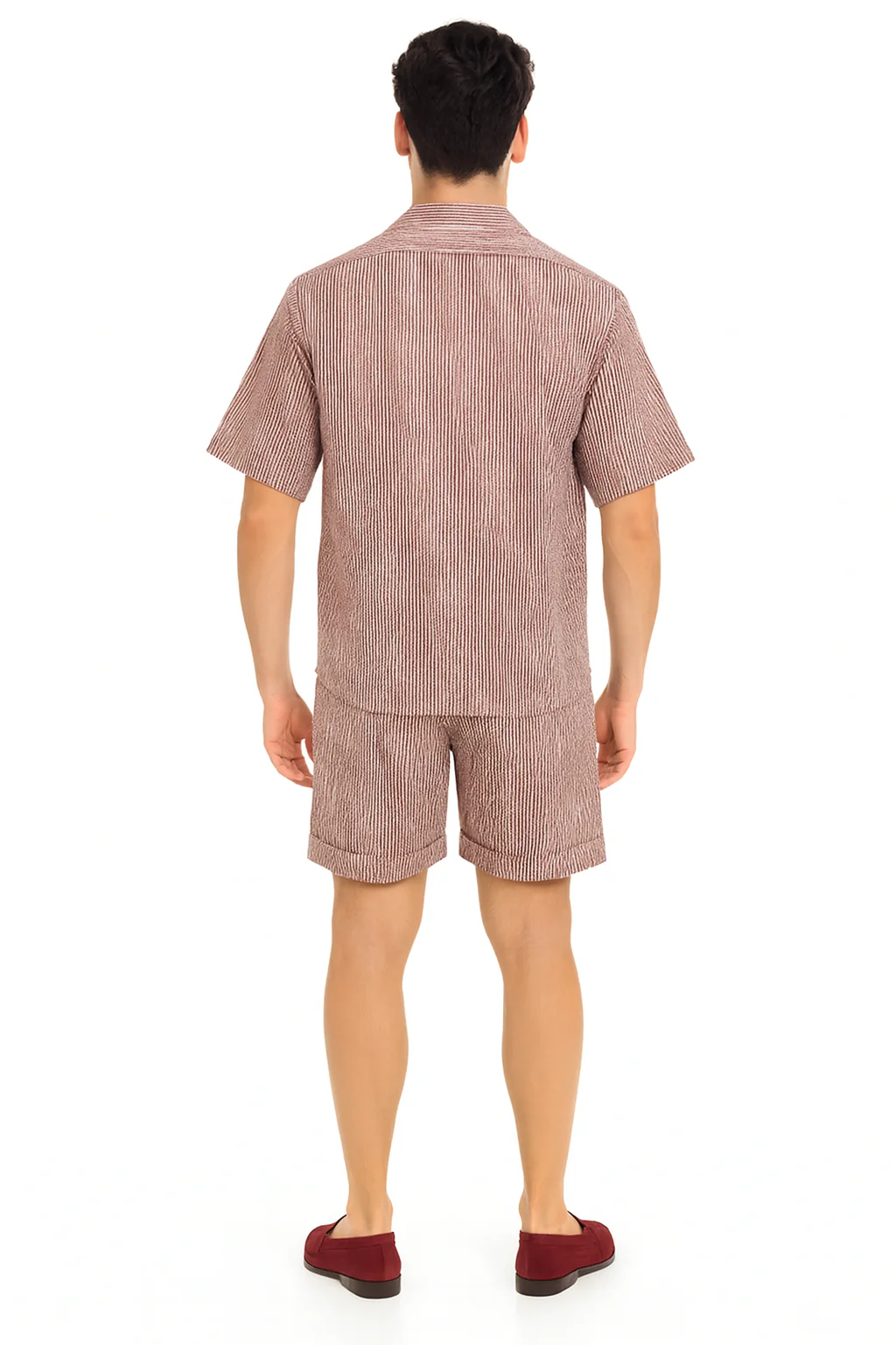 Men’s Burgundy Reddish Seersucker Short Set Walking Suit – Two-Piece Cuffed Shorts with Expandable Waist - Image 2