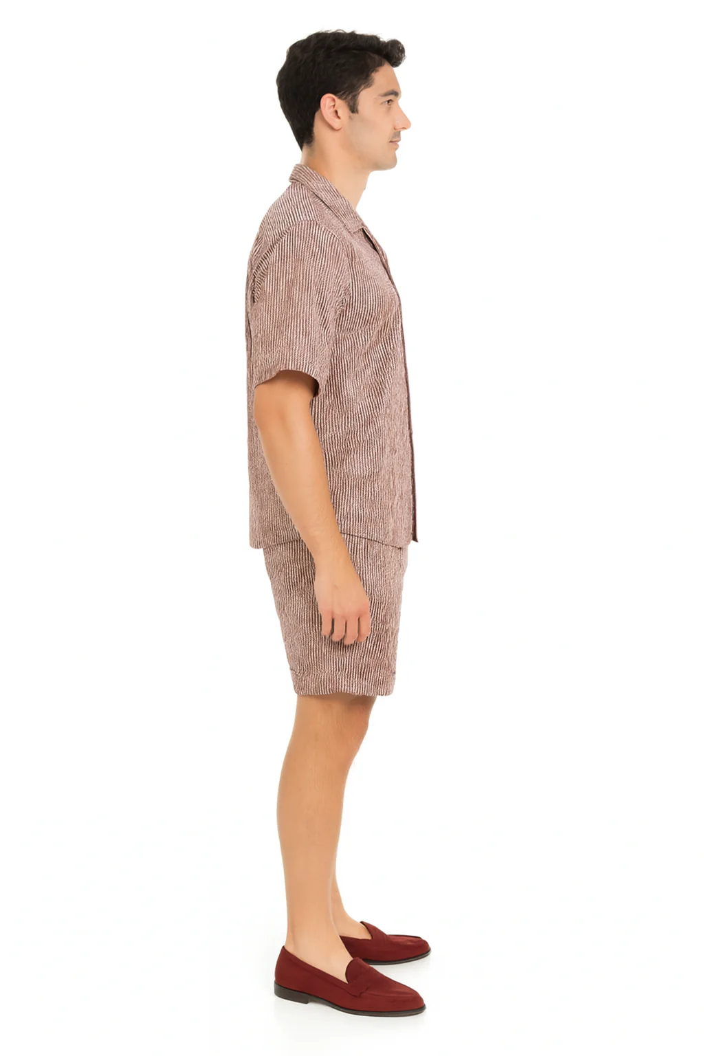 Men’s Burgundy Reddish Seersucker Short Set Walking Suit – Two-Piece Cuffed Shorts with Expandable Waist - Image 3