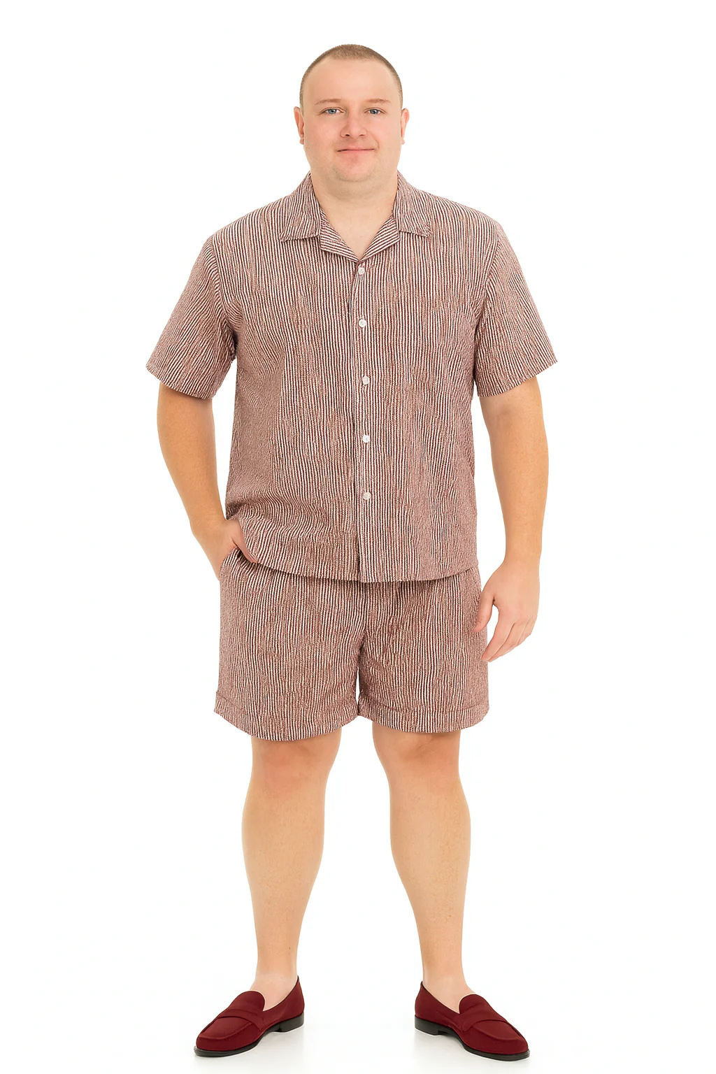 Men’s Burgundy Reddish Seersucker Short Set Walking Suit – Two-Piece Cuffed Shorts with Expandable Waist - Image 5