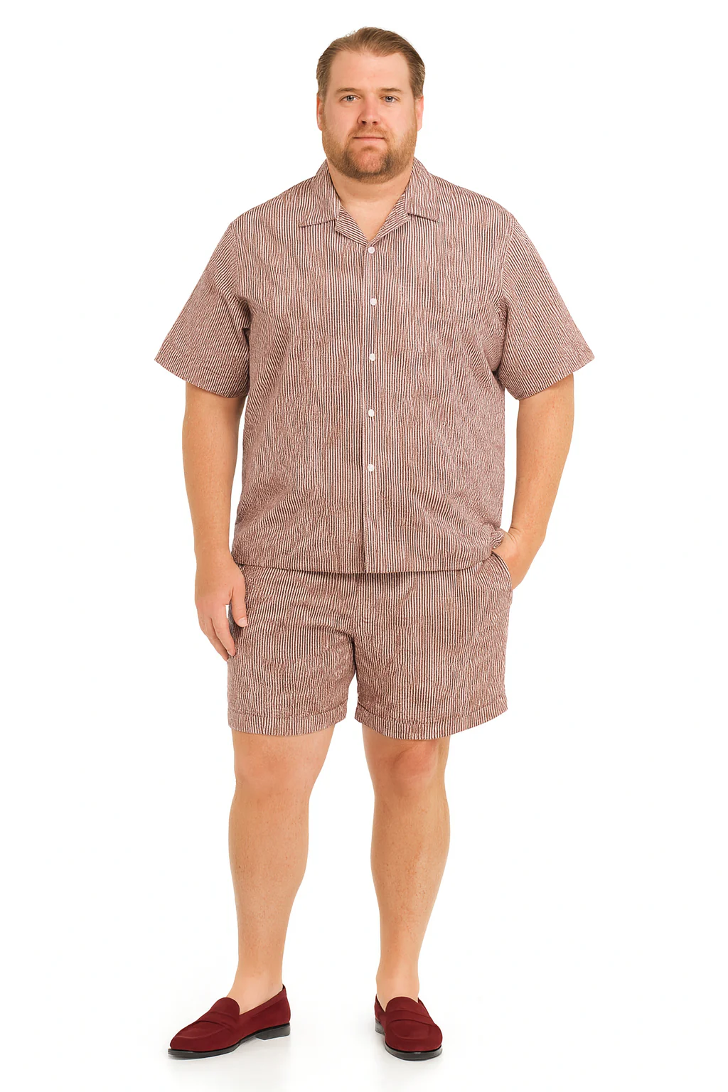 Men’s Burgundy Reddish Seersucker Short Set Walking Suit – Two-Piece Cuffed Shorts with Expandable Waist - Image 6
