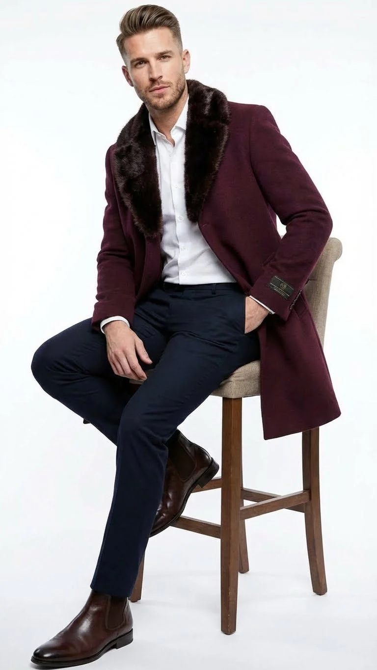 Men’s Burgundy Three Quarter Coat with Faux Fur Collar Overcoat – Luxury Winter Outerwear Three Quarter Carcoat Topcoat - Image 3