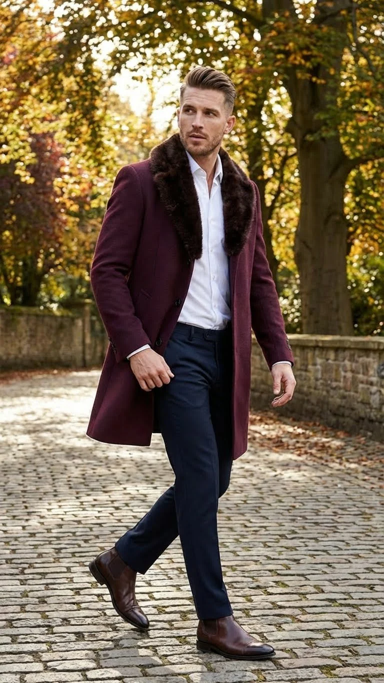 Men’s Burgundy Three Quarter Coat with Faux Fur Collar Overcoat – Luxury Winter Outerwear Three Quarter Carcoat Topcoat - Image 4