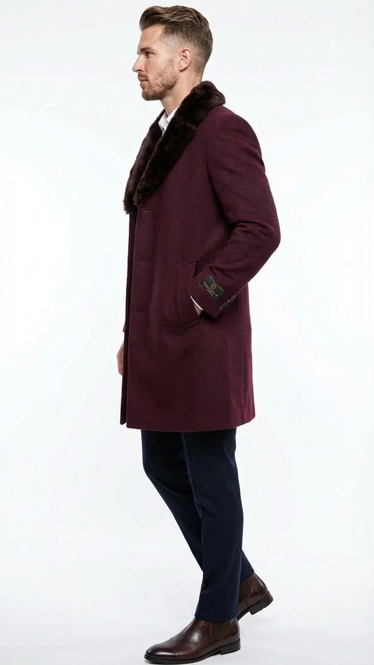 Men’s Burgundy Three Quarter Coat with Faux Fur Collar Overcoat – Luxury Winter Outerwear Three Quarter Carcoat Topcoat - Image 5
