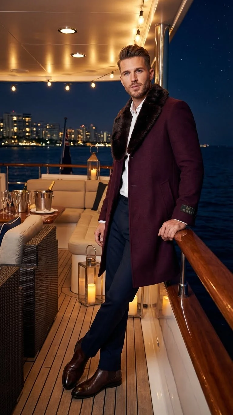 Men’s Burgundy Three Quarter Coat with Faux Fur Collar Overcoat – Luxury Winter Outerwear Three Quarter Carcoat Topcoat - Image 9