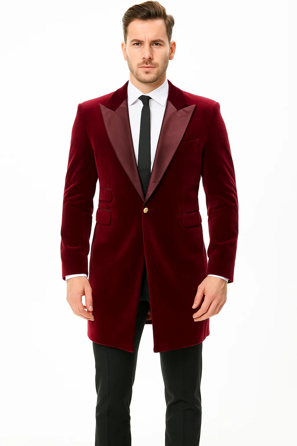 Men’s Burgundy Tuxedo in  Velvet  Long Blazer – Victorian Cutaway Tuxedo  Suit 1920s Gangster Style Long Jacket with Black Pants - Image 2