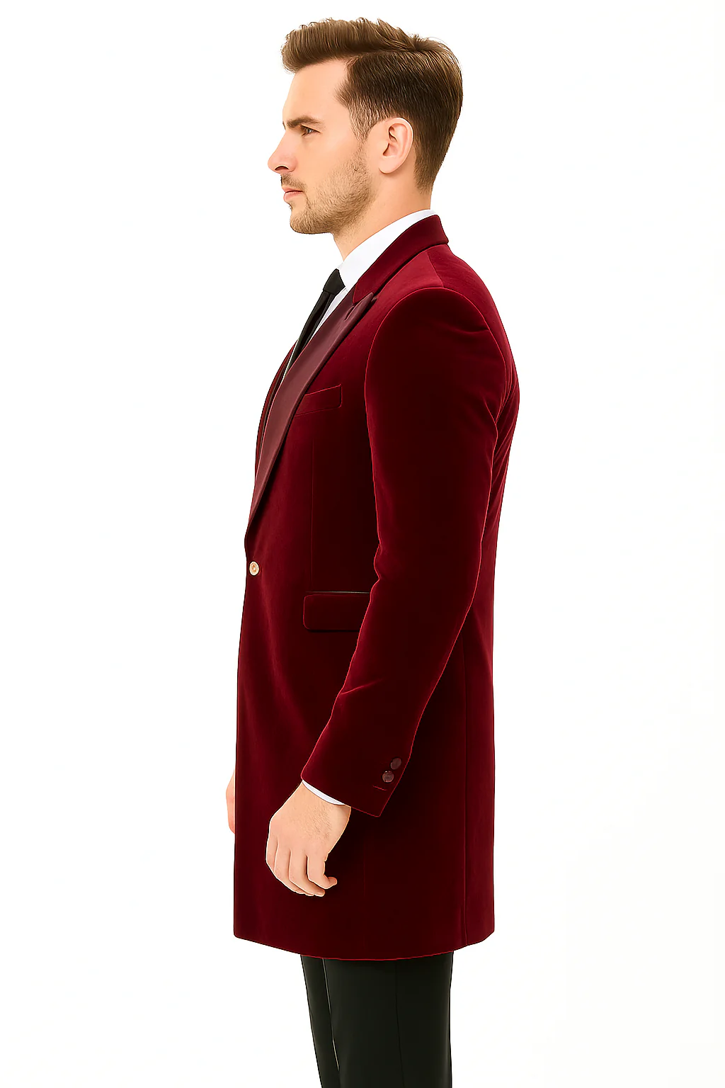 Men’s Burgundy Tuxedo in  Velvet  Long Blazer – Victorian Cutaway Tuxedo  Suit 1920s Gangster Style Long Jacket with Black Pants - Image 4