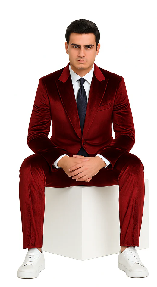 Men’s Burgundy Velvet Peak Lapel Suit – 2-Piece Skinny Fit Formalwear by Tazzio - Image 4