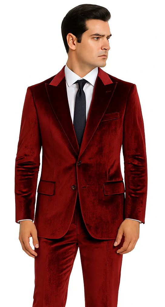 Men’s Burgundy Velvet Peak Lapel Suit – 2-Piece Skinny Fit Formalwear by Tazzio - Image 5