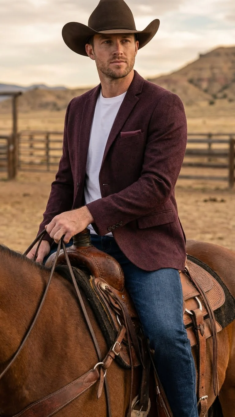 Men’s Burgundy Western  Blazer Jacket, Textured Cowboy Style Sport Coat for  - Tweed Herringbone Maroon Color - Image 10
