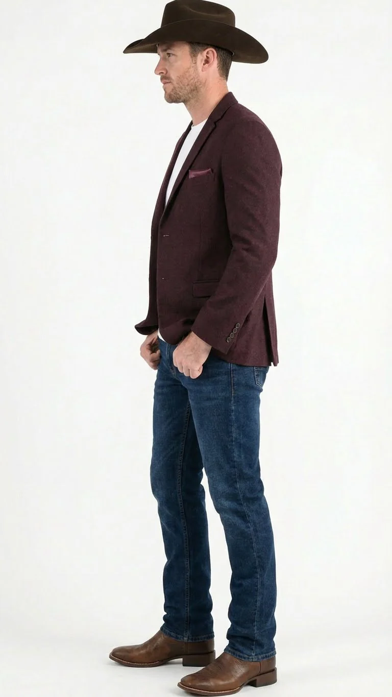 Men’s Burgundy Western  Blazer Jacket, Textured Cowboy Style Sport Coat for  - Tweed Herringbone Maroon Color - Image 3
