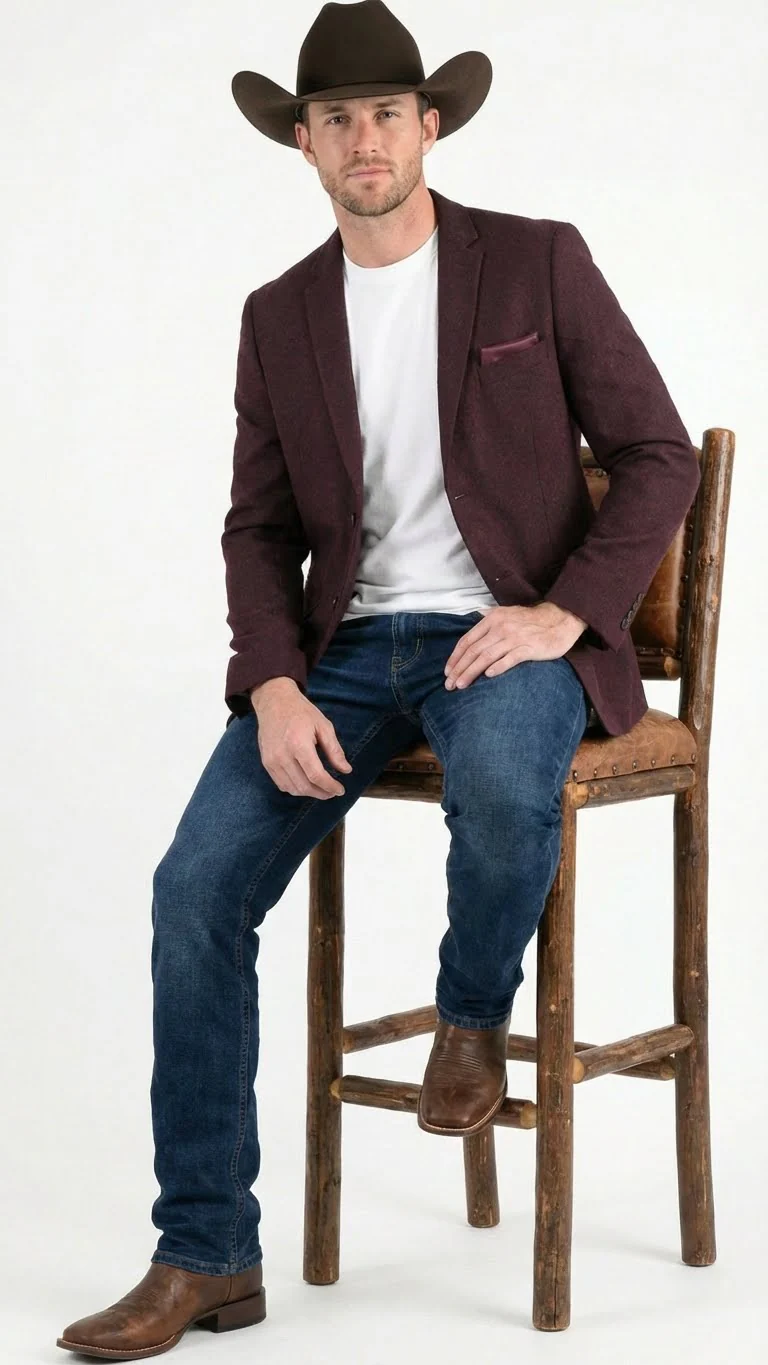 Men’s Burgundy Western  Blazer Jacket, Textured Cowboy Style Sport Coat for  - Tweed Herringbone Maroon Color - Image 4