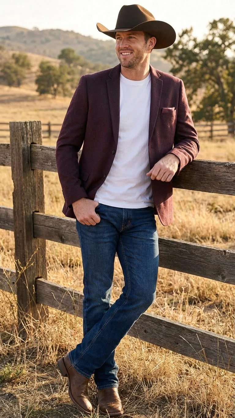 Men’s Burgundy Western  Blazer Jacket, Textured Cowboy Style Sport Coat for  - Tweed Herringbone Maroon Color - Image 5