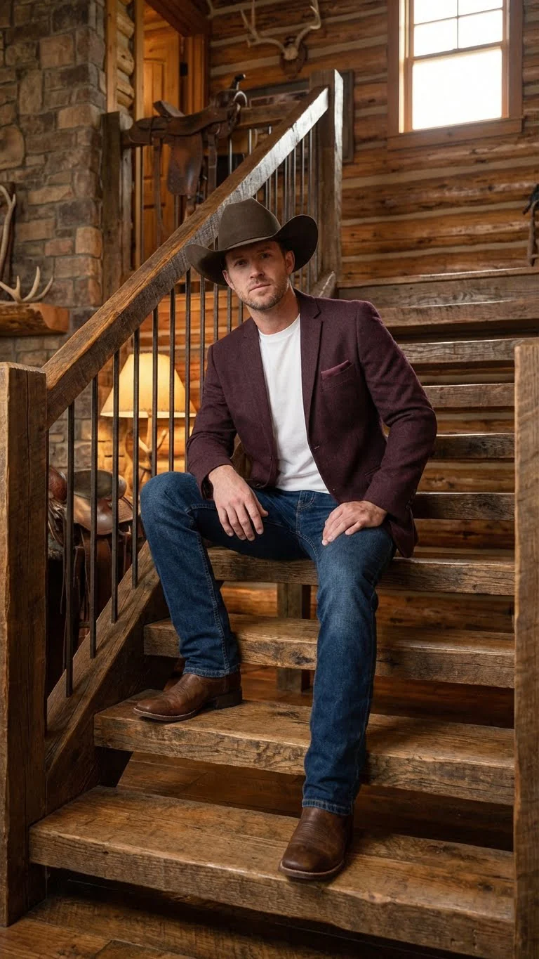 Men’s Burgundy Western  Blazer Jacket, Textured Cowboy Style Sport Coat for  - Tweed Herringbone Maroon Color - Image 6